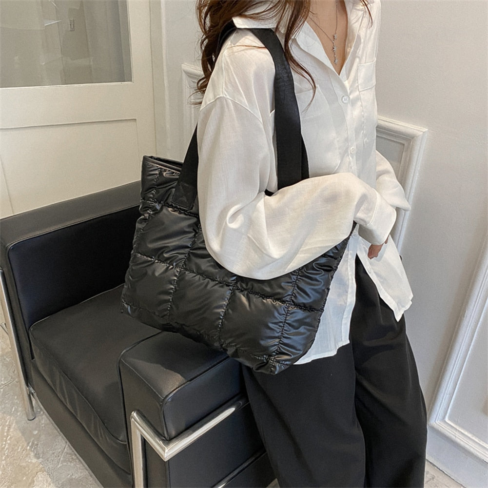 Ladies Tote Handbags Large Capacity Cotton Padded Quilted Solid Color - ElegenceTote