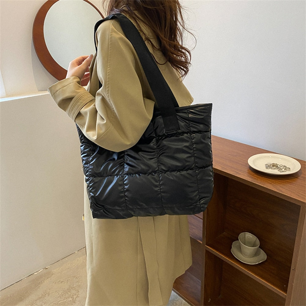 Ladies Tote Handbags Large Capacity Cotton Padded Quilted Solid Color - ElegenceTote