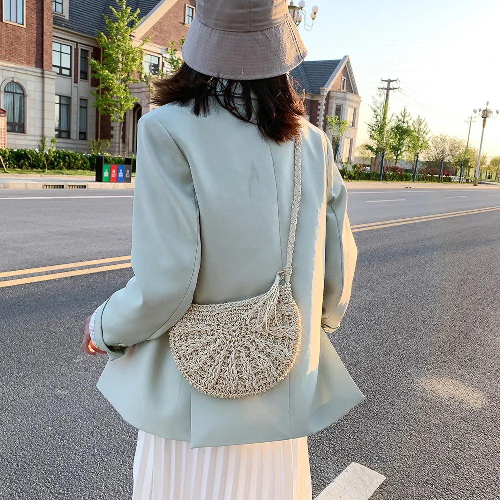 Half Round Straw Bag for Women Summer Beach Rattan Shoulder Bag - ElegenceTote