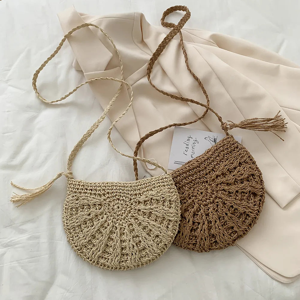 Half Round Straw Bag for Women Summer Beach Rattan Shoulder Bag - ElegenceTote