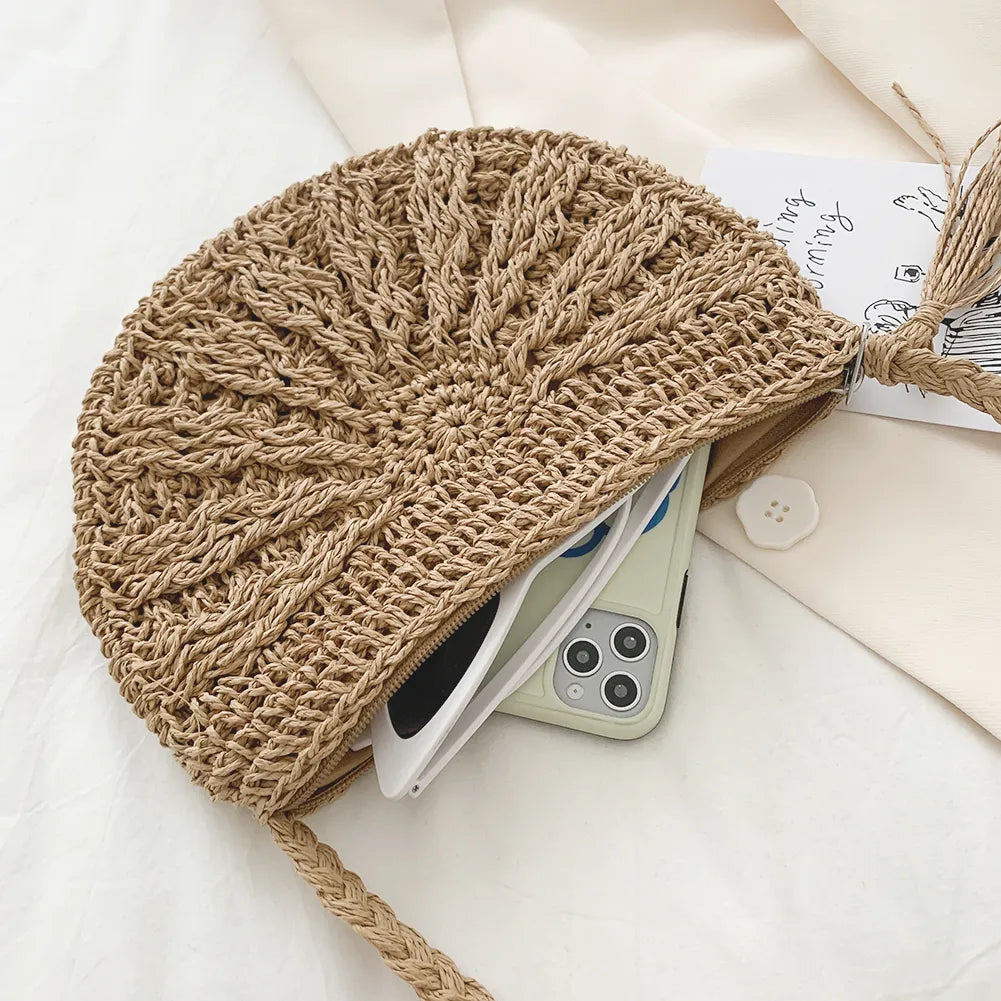 Half Round Straw Bag for Women Summer Beach Rattan Shoulder Bag - ElegenceTote