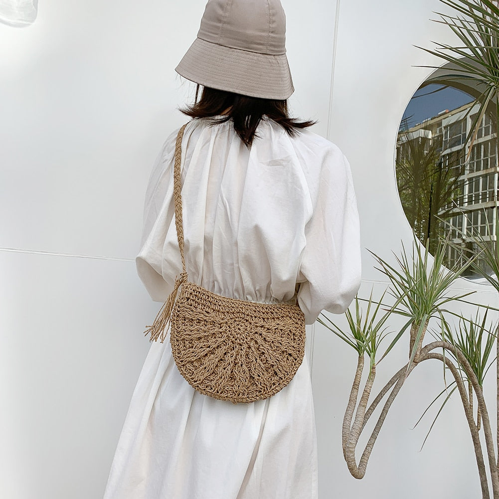 Half Round Straw Bag for Women Summer Beach Rattan Shoulder Bag - ElegenceTote