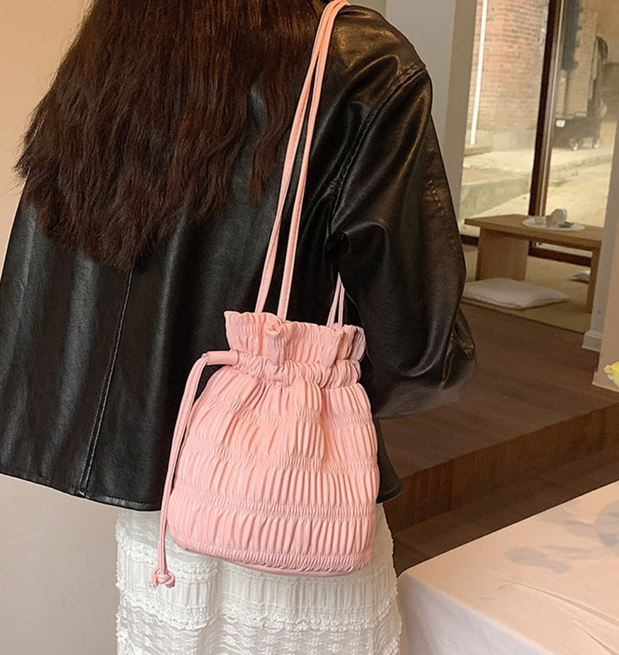 PU Leather Drawstring Silver Pleated Women's Bucket Shaped Bag - ElegenceTote