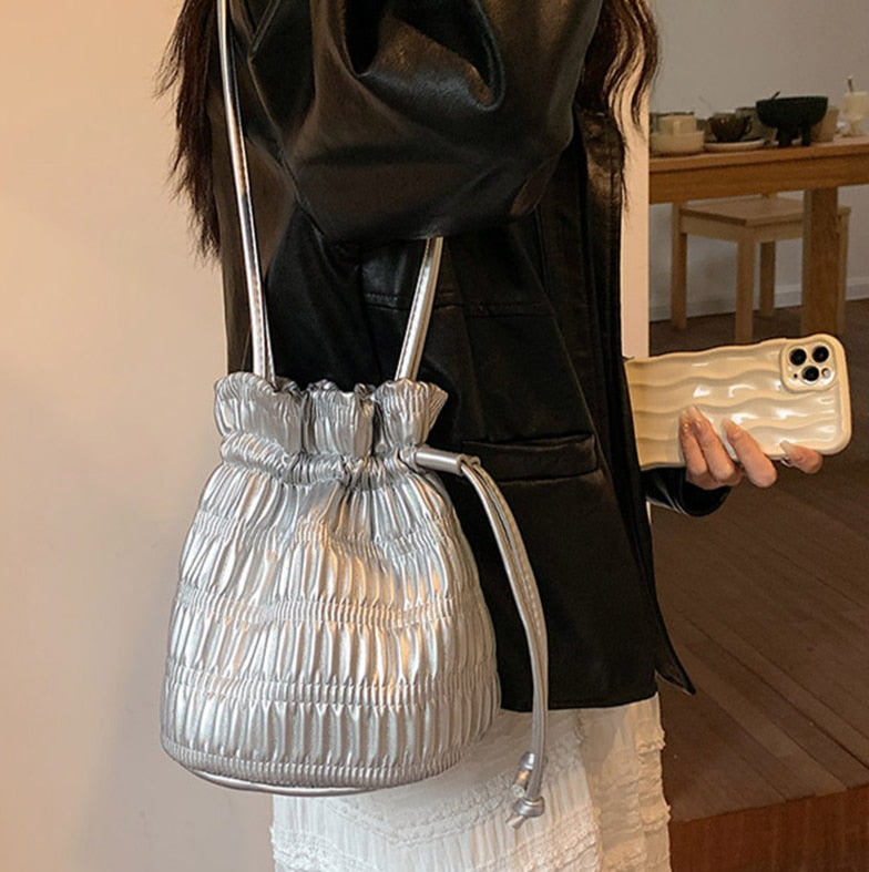 PU Leather Drawstring Silver Pleated Women's Bucket Shaped Bag - ElegenceTote