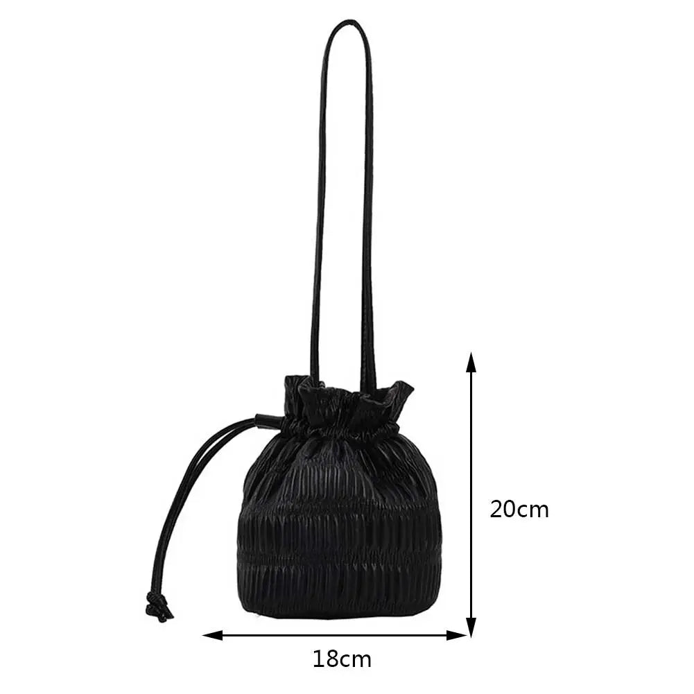 PU Leather Drawstring Silver Pleated Women's Bucket Shaped Bag - ElegenceTote