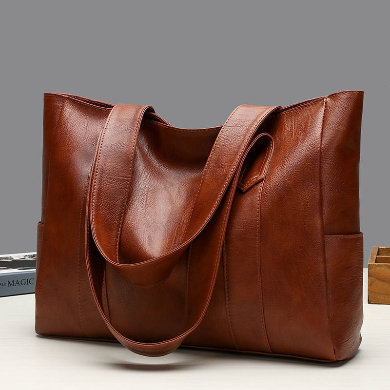 Solid Color Zipper New Casual PU Leather Large Capacity Tote Bags - ElegenceTote